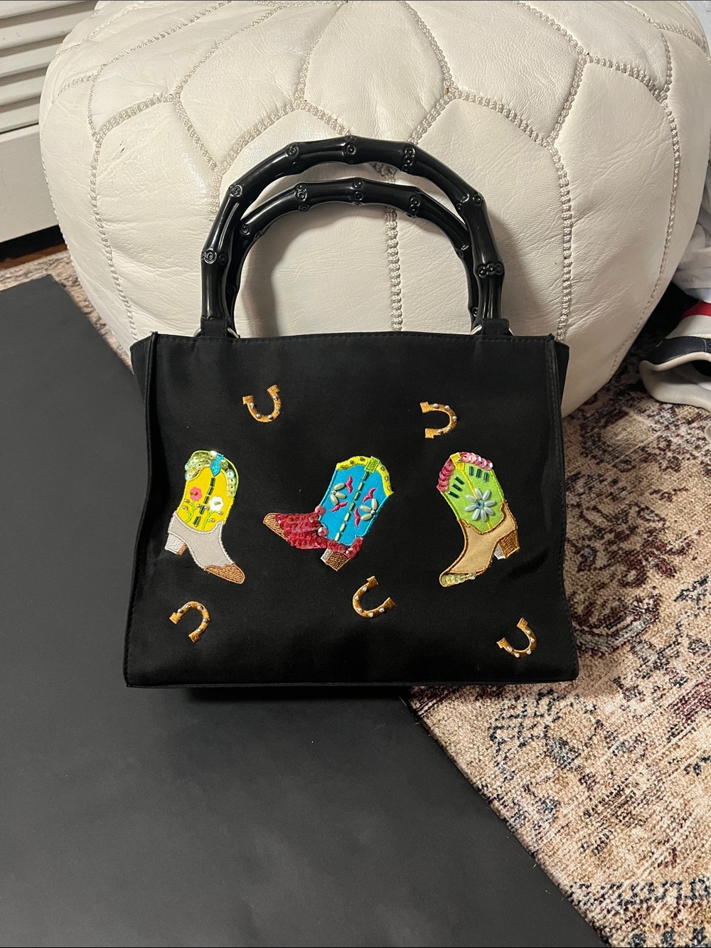 Black Embroidered Western Boot Tote Bag with Bamboo Handles